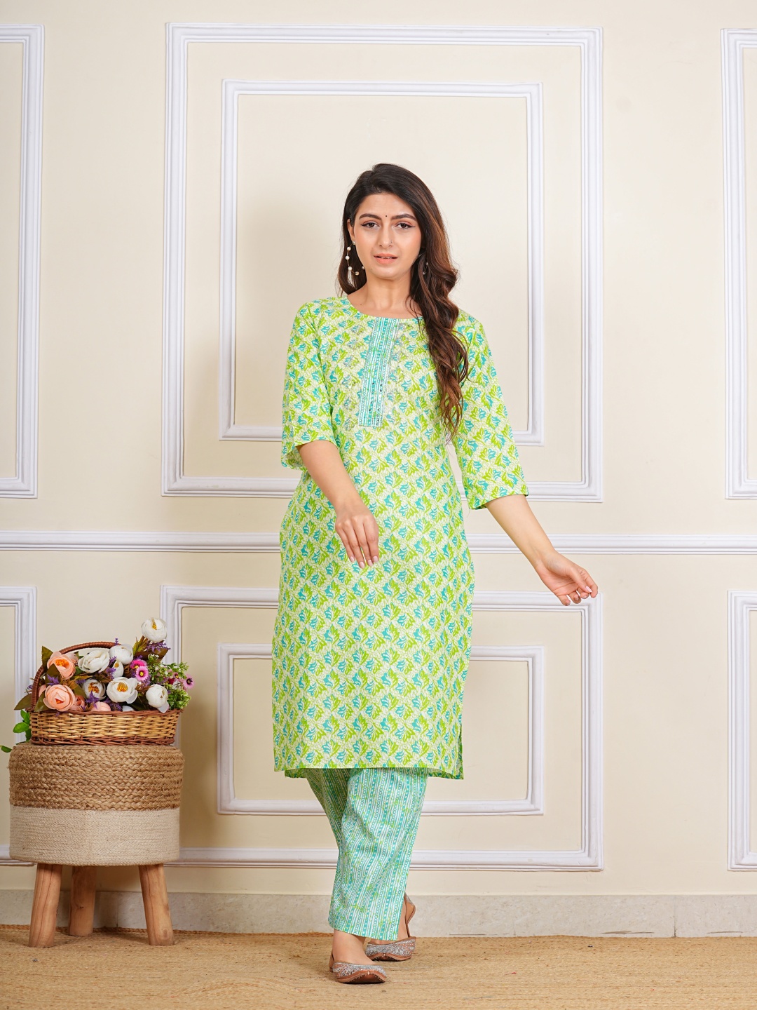 

Ayan Women Floral Printed Regular Beads and Stones Pure Cotton Kurta with Trousers, Lime green