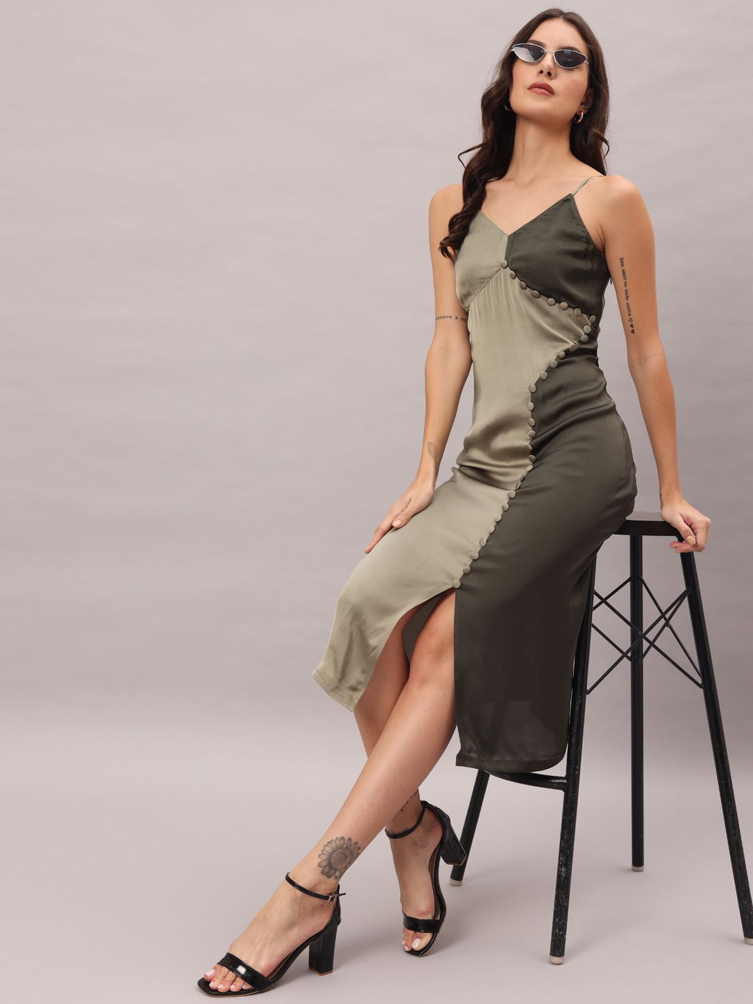 

BRIJAL LAD Women Colourblocked Satin A-Line Midi Dress, Olive