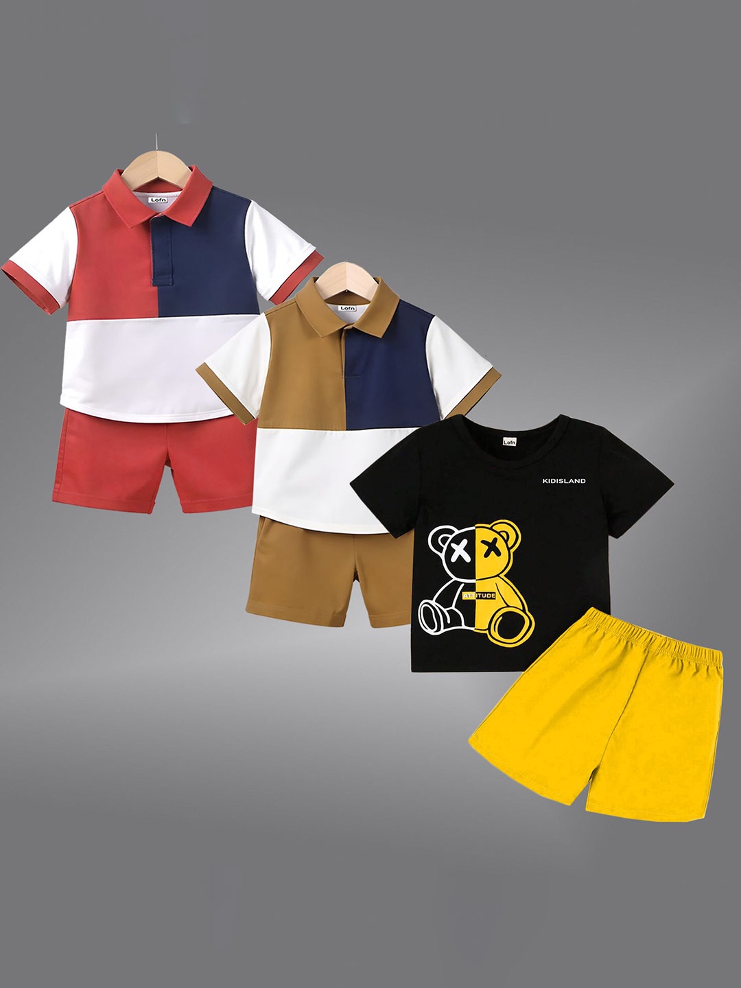 

Lofn Kids Pack Of 3 Colourblocked Pure Cotton T-Shirts With Shorts, White