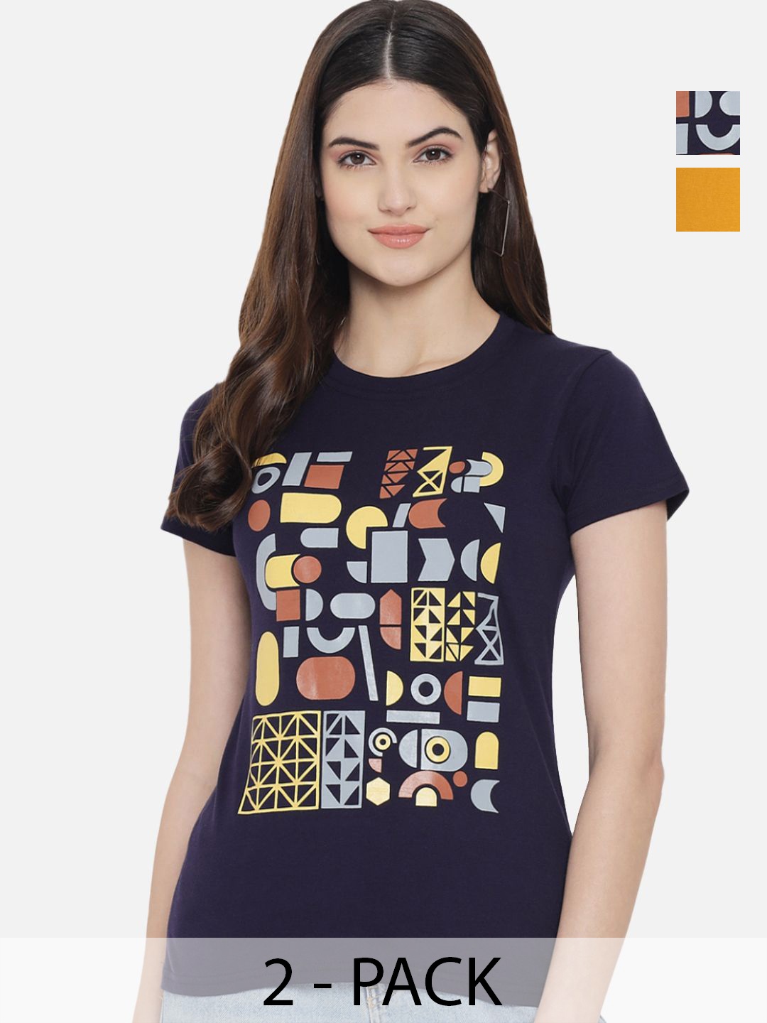 

Dreambe Women Pack Of 2 Graphic Printed Round Neck Cotton T-shirts, Navy blue