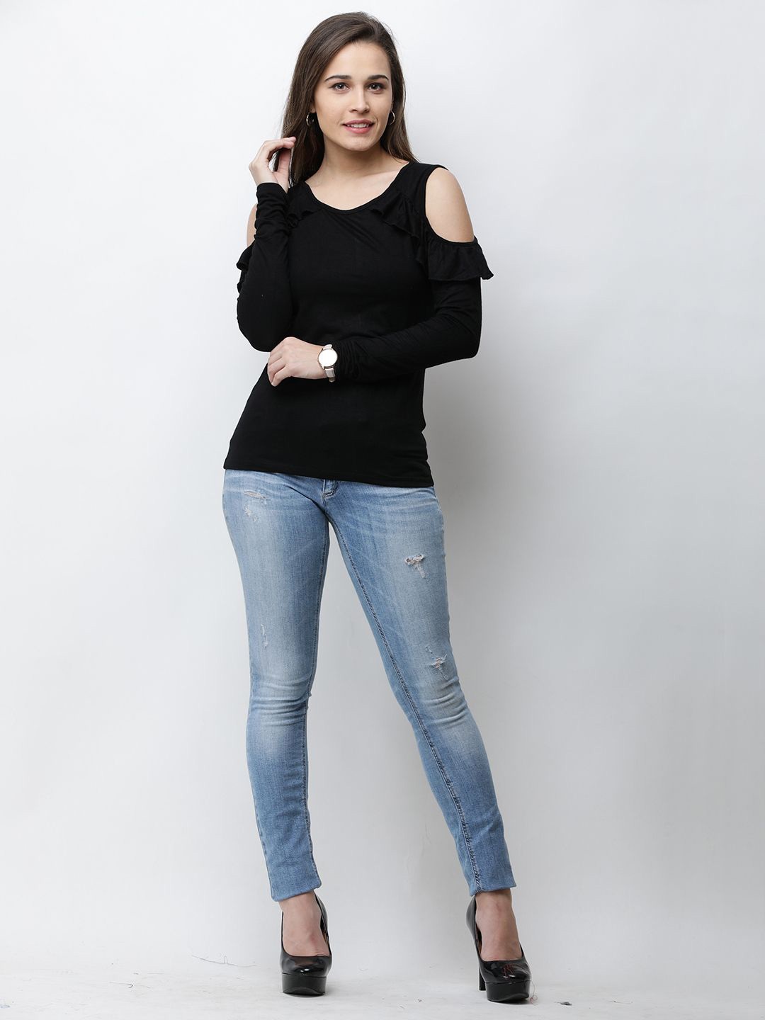 

Moda Rapido Women Cold-Shoulder Cotton Fitted Regular Top, Black