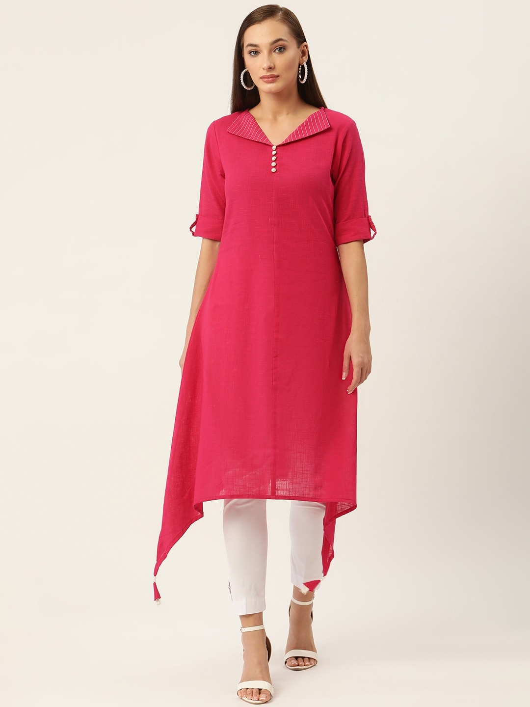 

JAPER KURTI V-Neck Thread Work Roll-Up Sleeves Asymmetric Hemline Cotton A-Line Kurta, Pink