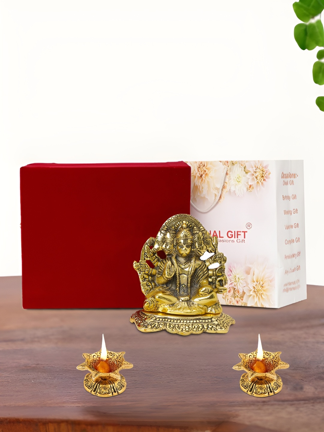 

INTERNATIONAL GIFT Gold Plated Panchmukhi Hanuman Idol with 2 Diya and Box