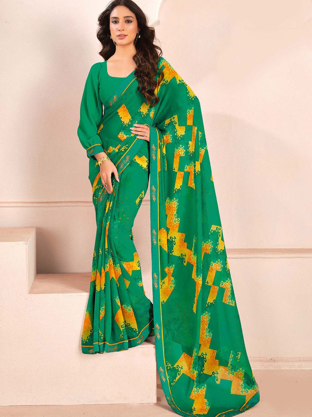 

House Of Pataudi Printed Daily Wear Saree With Blouse Piece, Green