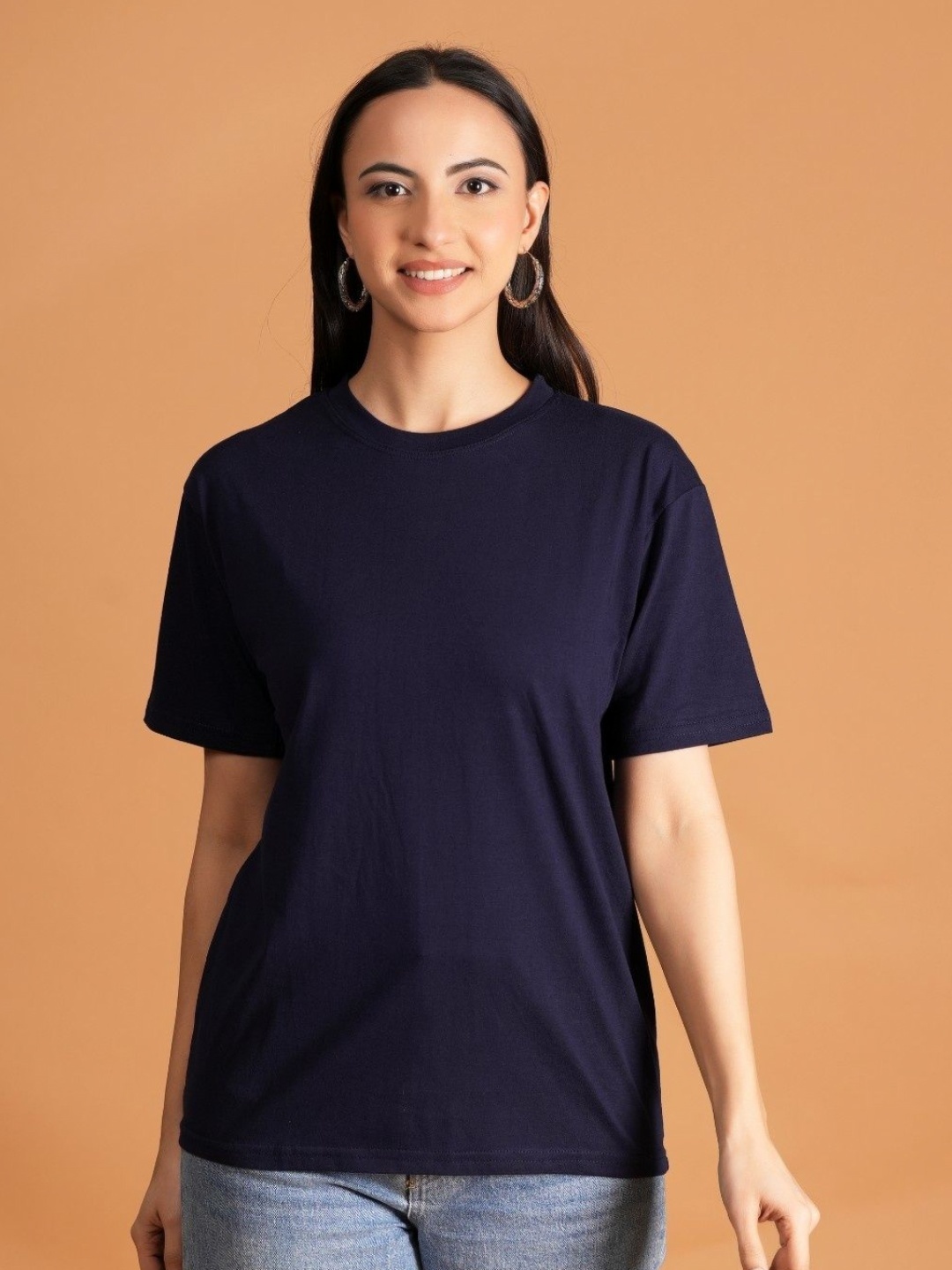 

BAESD Women Solid Round Neck Cotton Relaxed Fit T-shirt, Navy blue