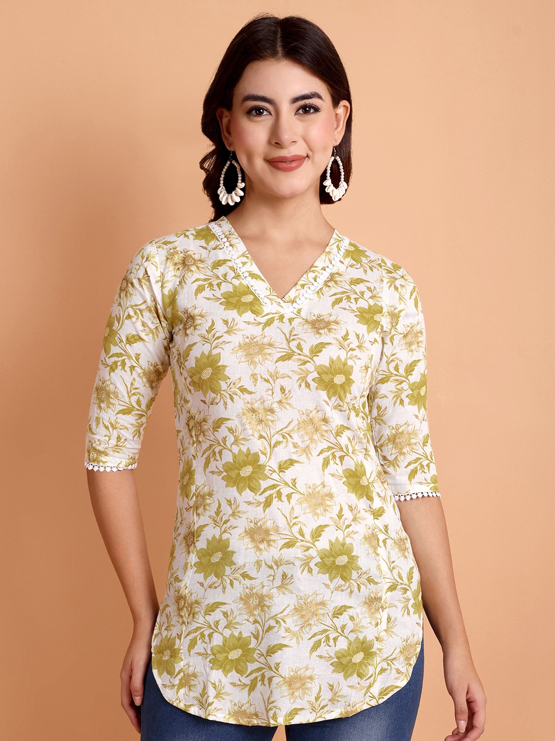 

Pahiya Floral Roll-Up Sleeves Cotton Top, Mustard