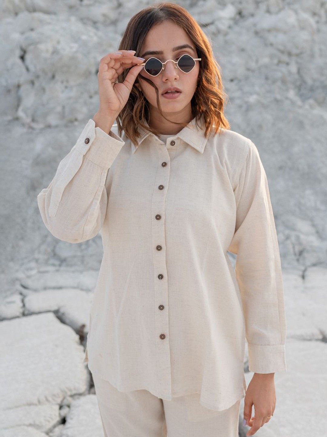 

Babli Women Comfort Fit Spread Collar Solid Cotton Casual Shirt, Cream