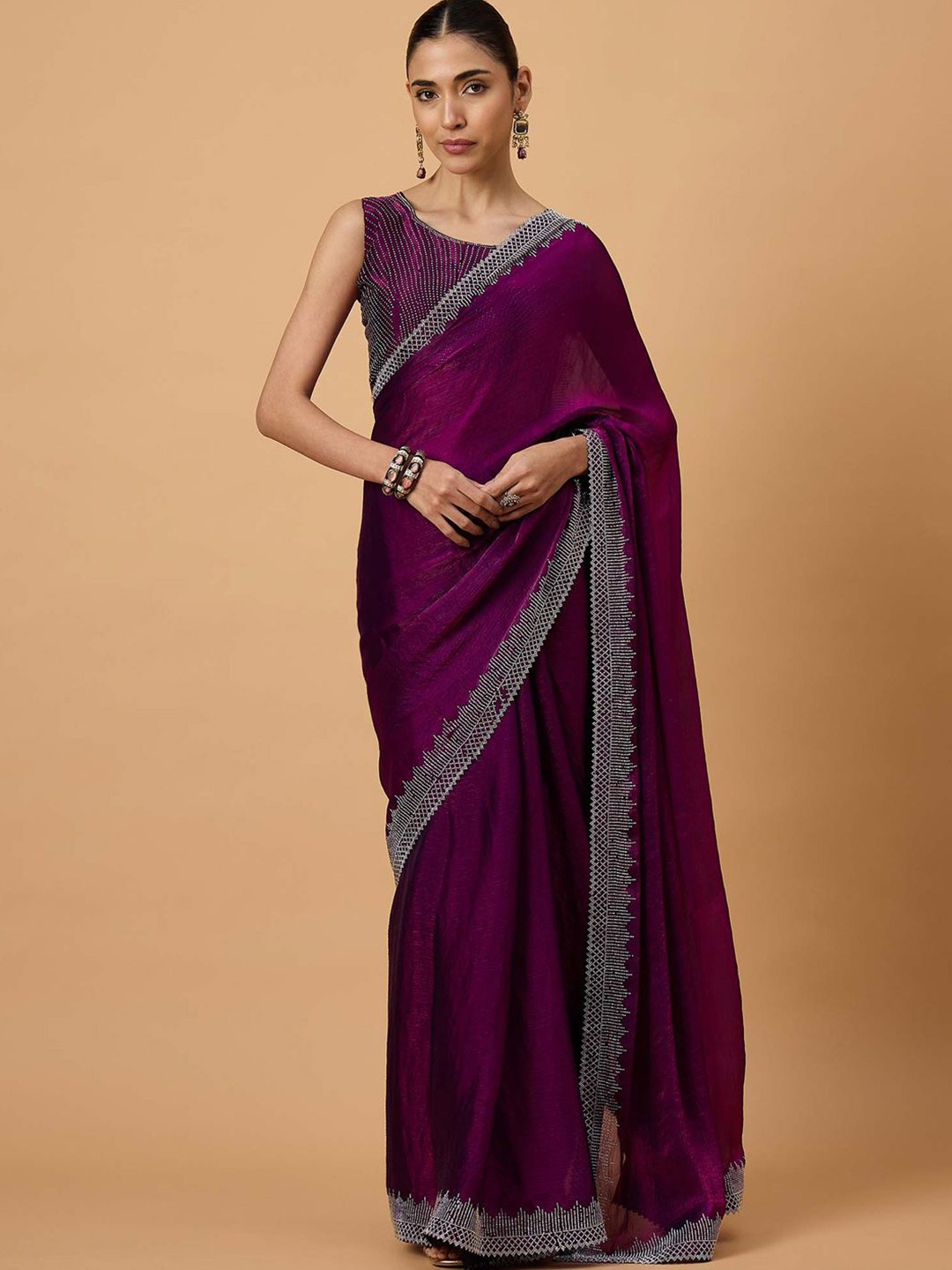 

all about you Beads and Stones Pure Chiffon Saree, Magenta