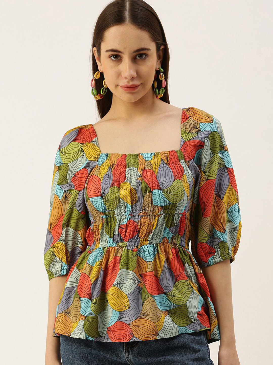 

VYMO Women Printed Puff Sleeve Peplum Top, Multi