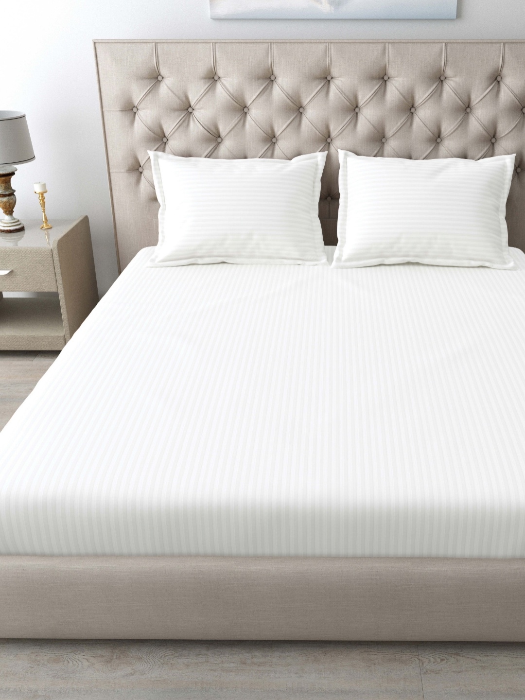 

MAFATLAL White Striped Cotton 210 TC King Bedsheet Set