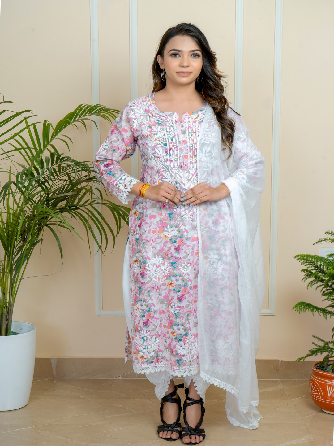 

ADR CHIKAN Floral Printed Long Sleeves Mulmul Cotton Straight Kurta With Dhoti Pants Set, Pink