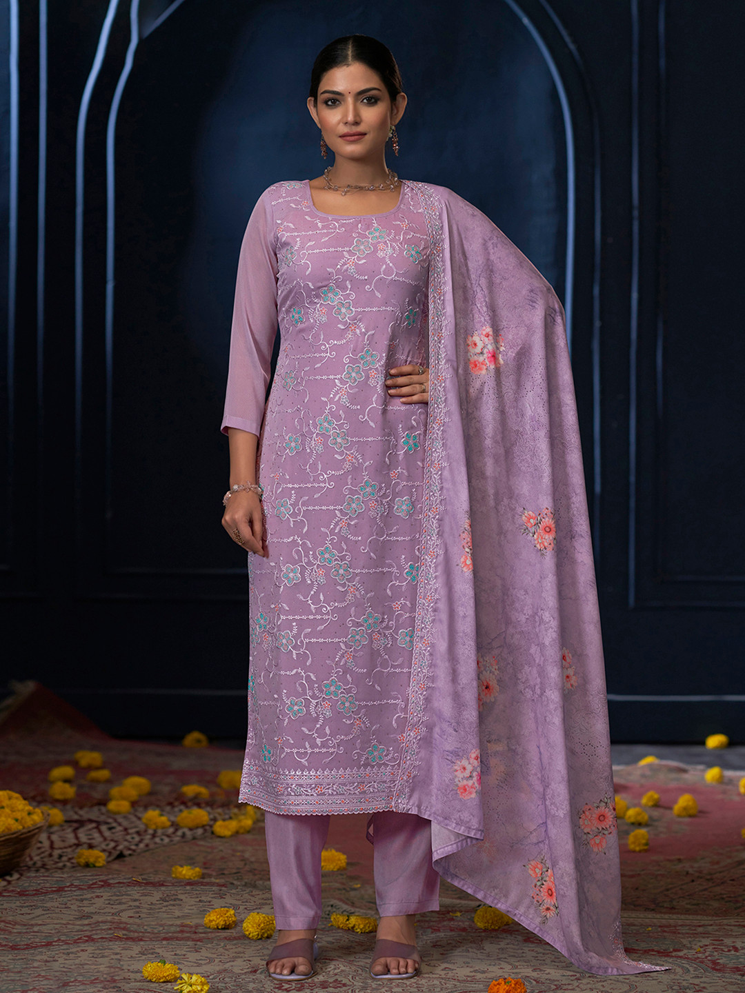 

Anouk Lavender Floral Embroidered Thread Work Unstitched Dress Material