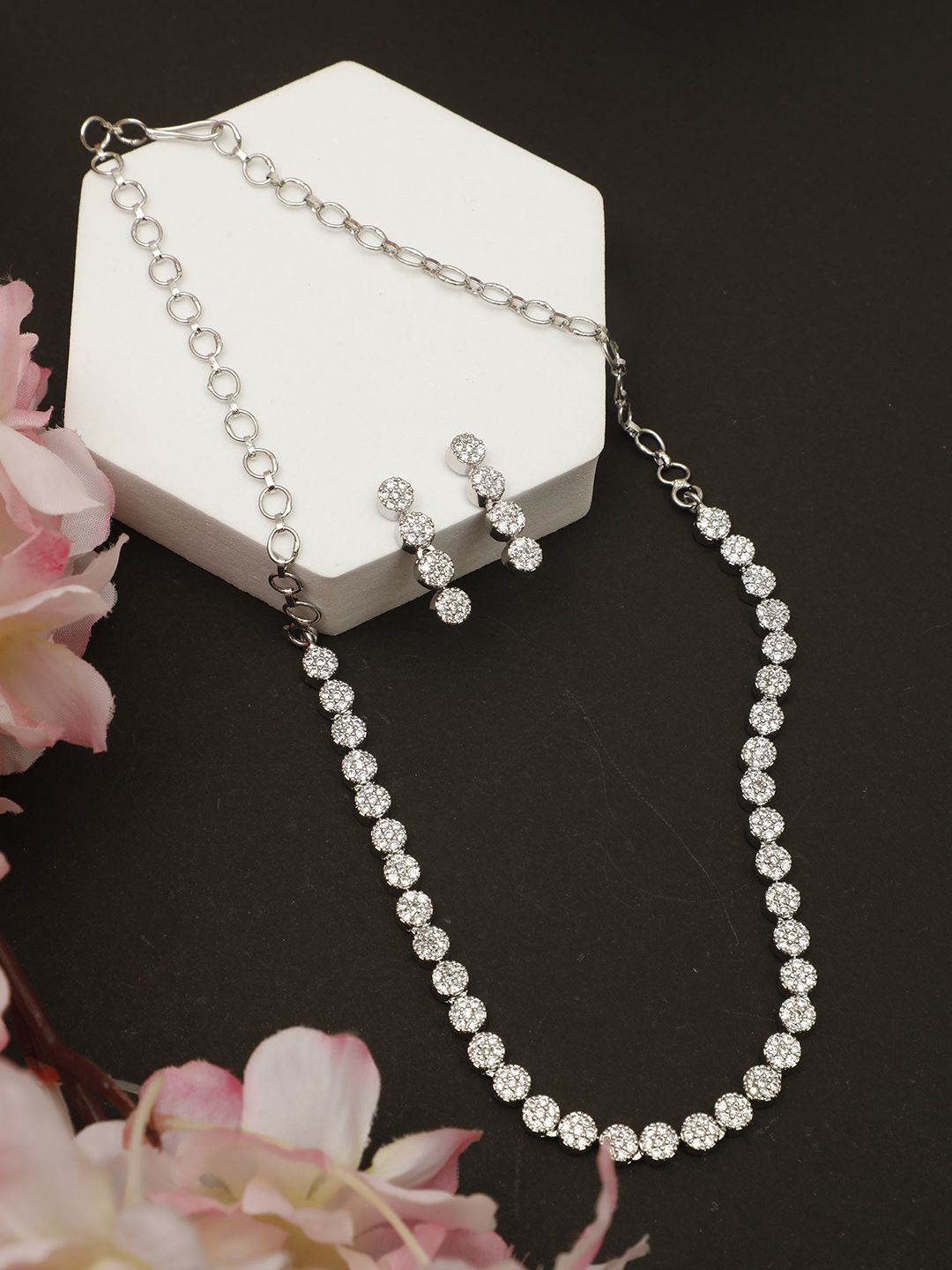 

VIVAZS Rhodium-Plated American Diamond Studded Jewellery Set, Silver