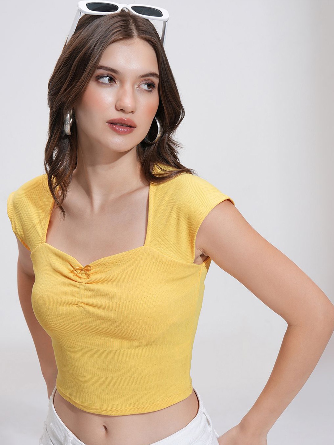 

Basics By Tokyo Talkies Women Pointelle Square Neck Ruched Crop top, Yellow
