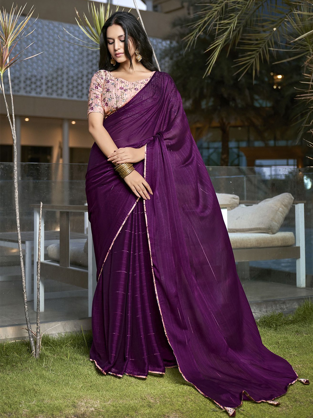 

VIRENDRA TEXTILES Striped Pure Chiffon Saree, Purple