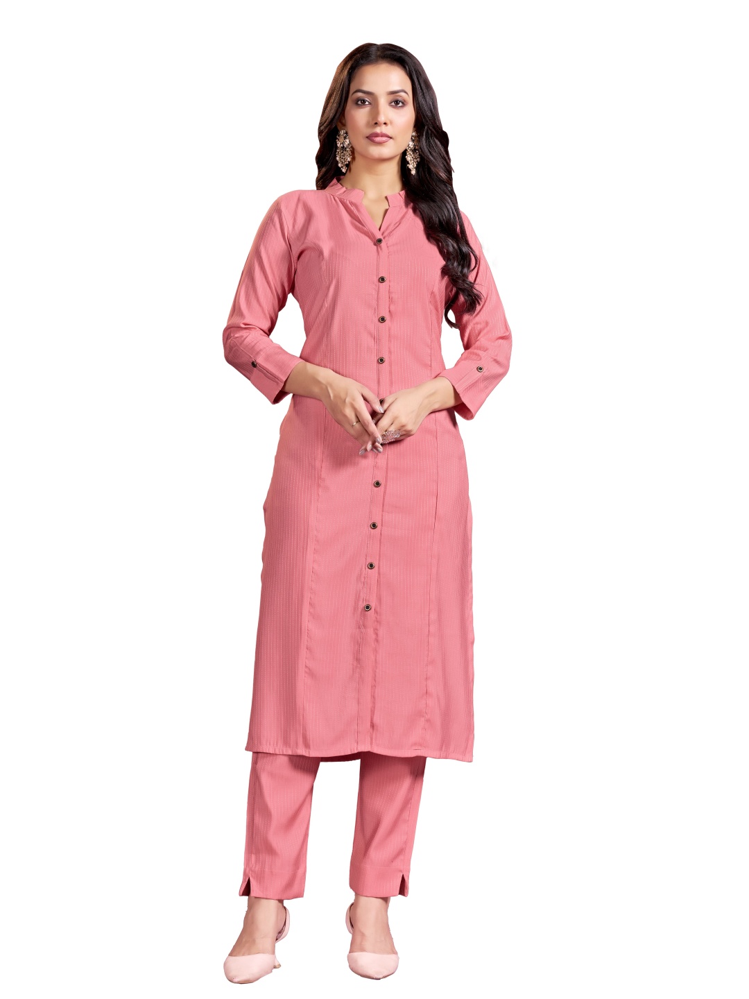 

Raave Striped Embroidered Mandarin Collar Straight Kurta With Trousers, Pink