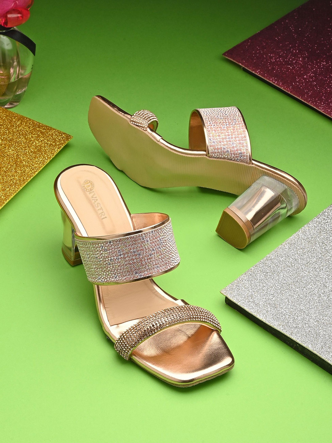 

DIVASTRI Embellished Block Heel Sandals, Gold