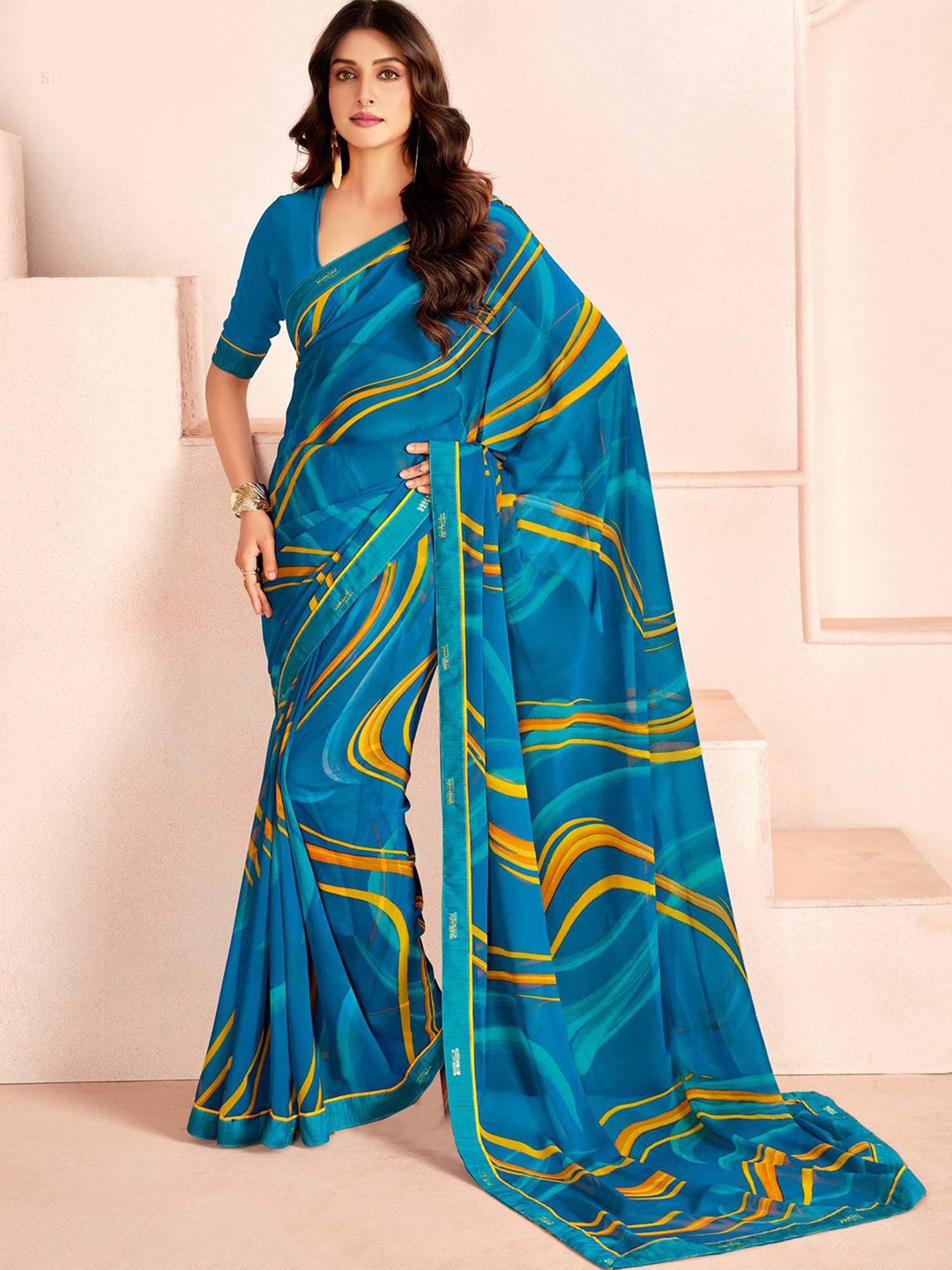 

House Of Pataudi Printed Leheriya Saree With Blouse Piece, Teal