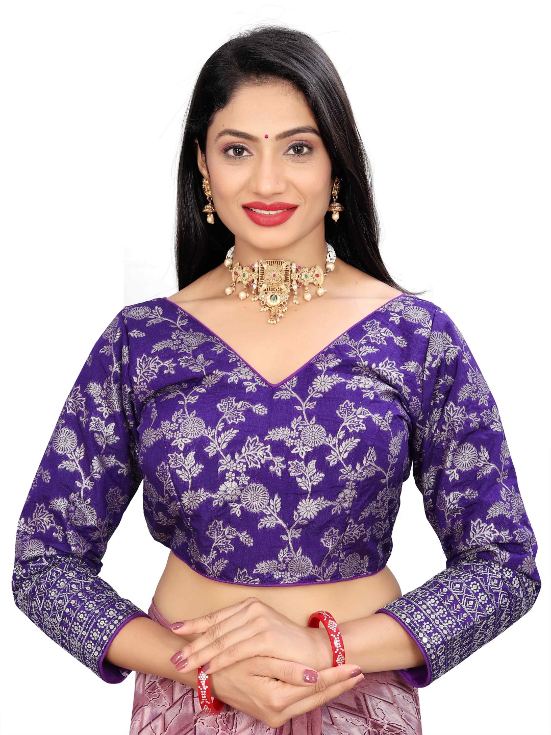 

HERE&NOW Embroidered V Neck Saree Blouse, Purple
