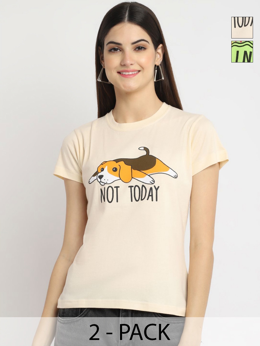 

Dreambe Women Pack Of 2 Graphic Printed Round Neck Cotton T-shirts, Peach