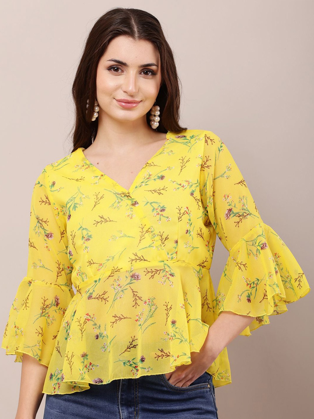 

Raabta Fashion Women Floral Print V-Neck Bell Sleeve Wrap Top, Yellow