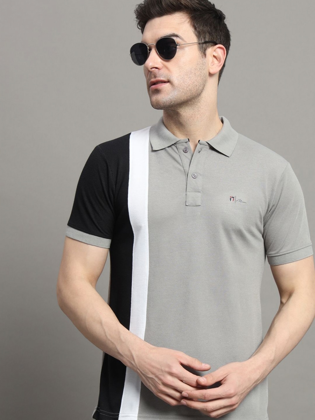 

NYKER Men Striped Polo Collar Cotton T-shirt, Grey