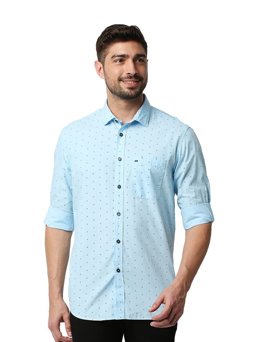 

Basics Men Relaxed Fit Spread Collar Micro Ditsy Printed Cotton Casual Shirt, Blue