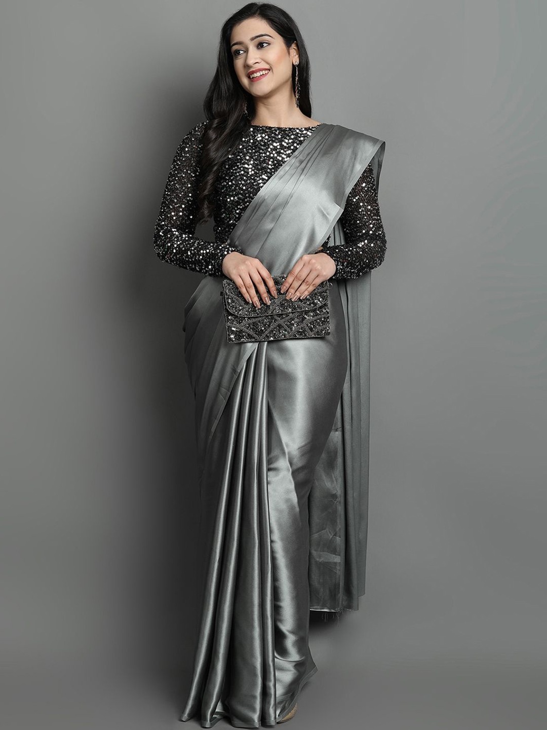 

DIVASTRI Satin Saree, Grey