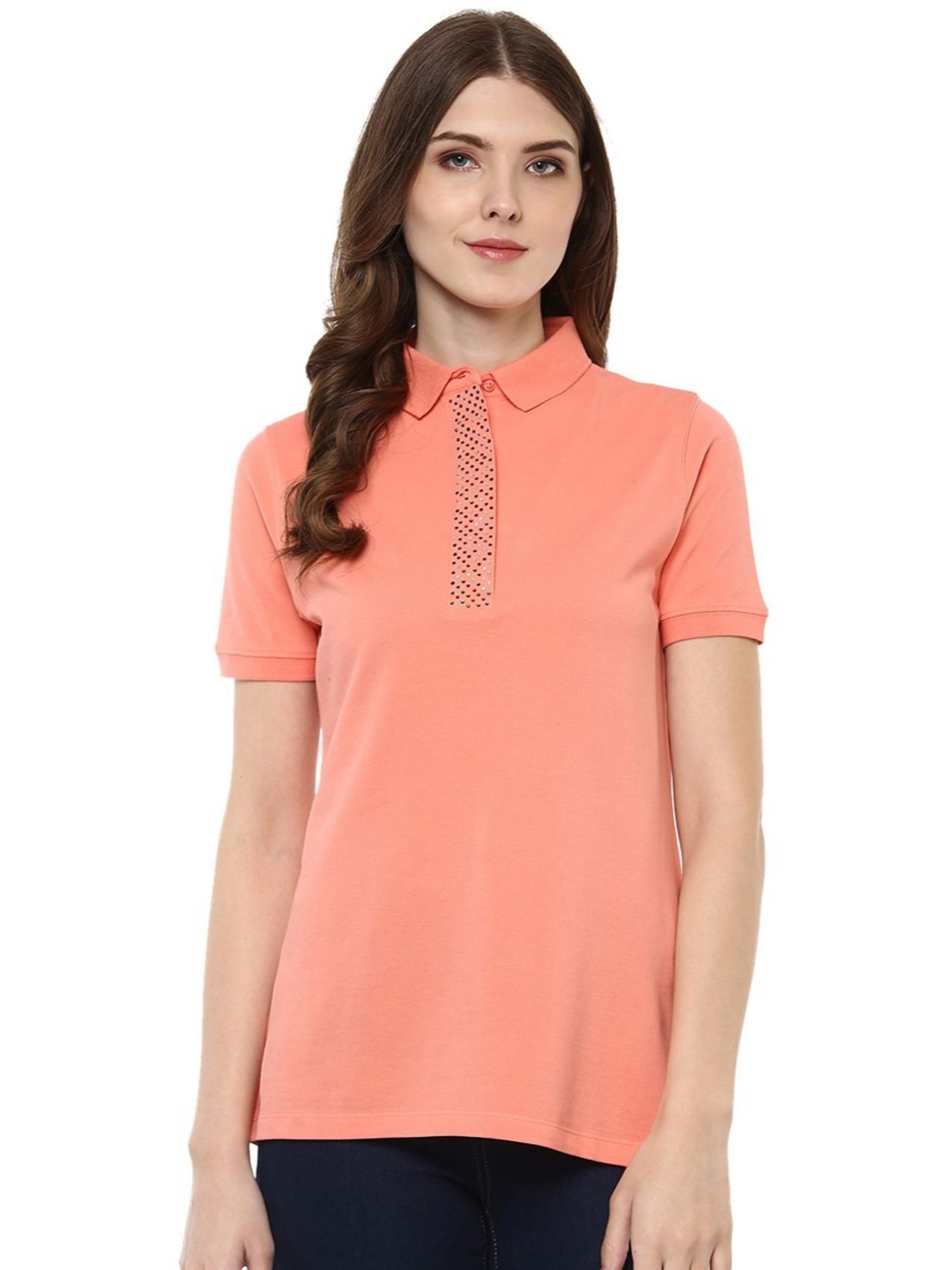 

Moda Elementi Women Solid Polo Collar Cotton T-shirt, Peach