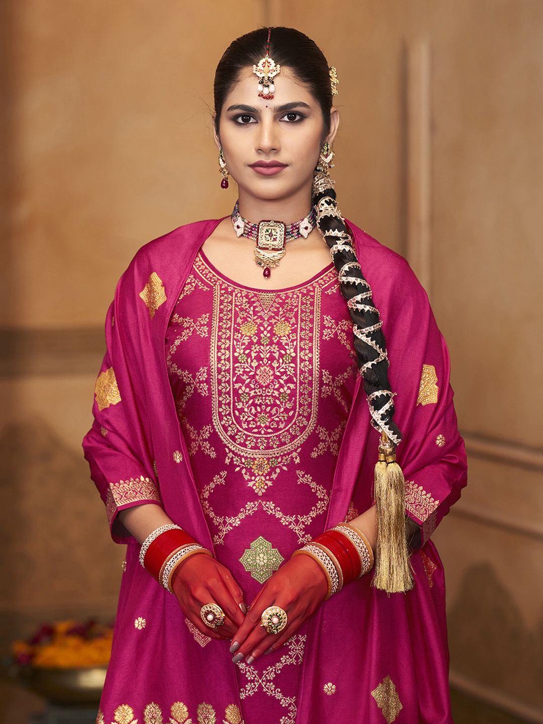 

Anouk Pink Ethnic Motifs Woven Design Unstitched Dress Material