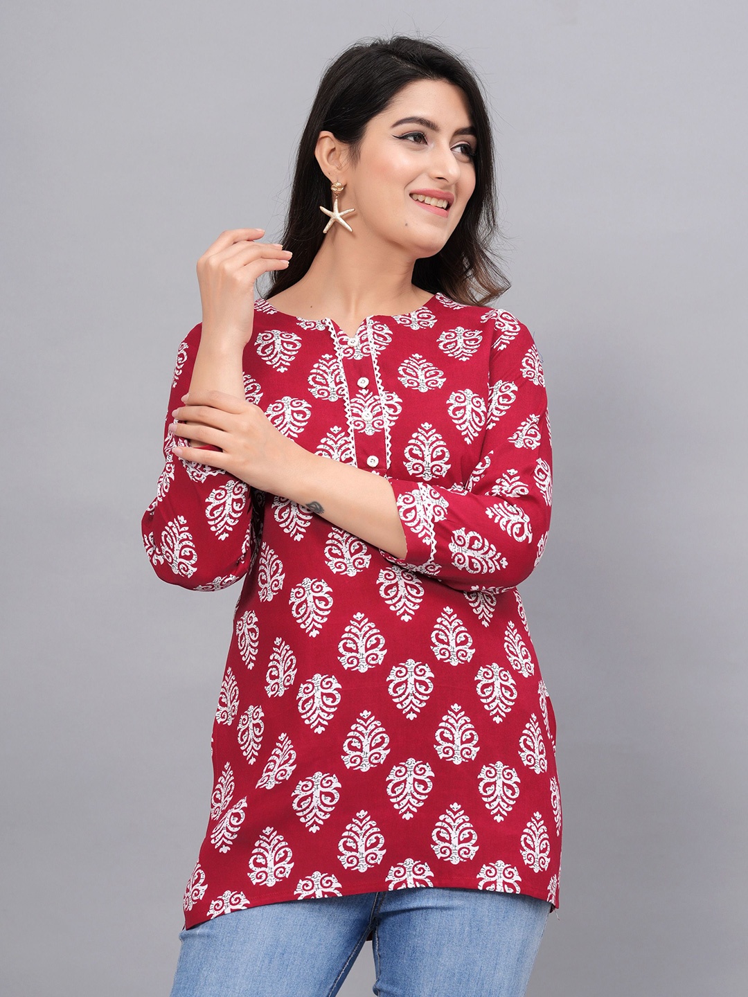 

Fmkcreation Ethnic Motifs Printed Kurti, Maroon