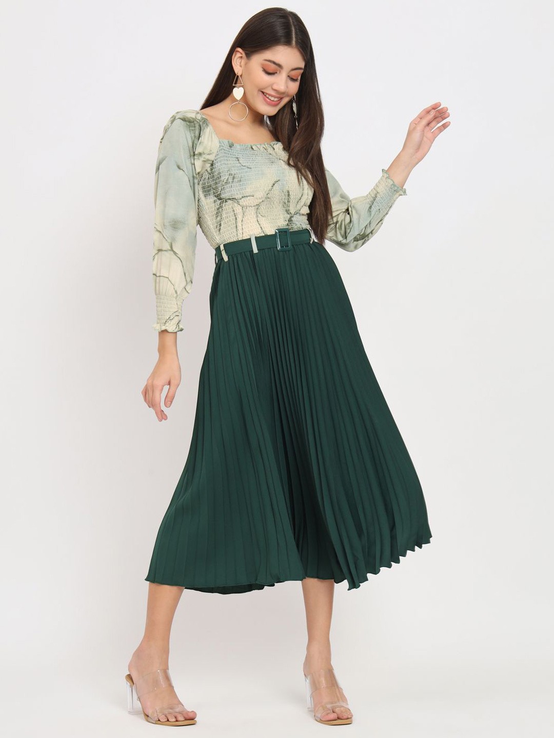 

ZWERLON Printed Fit & Flare Midi Dress, Green