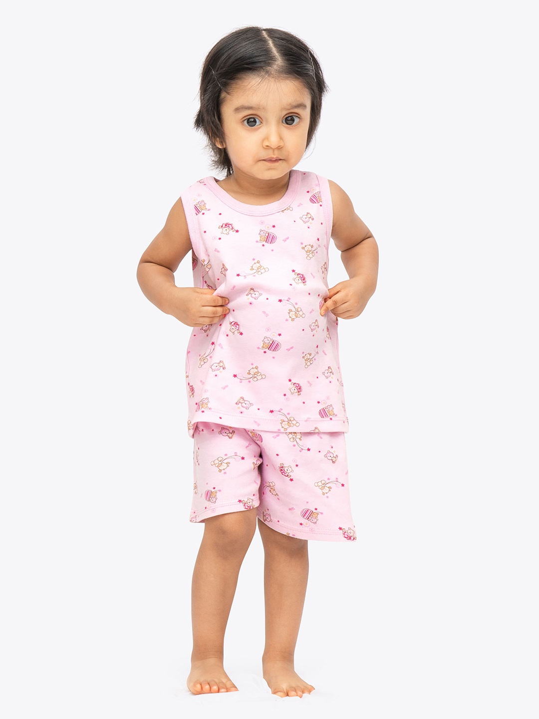 

ariel Kids Printed Pure Cotton T-shirt With Shorts, Pink