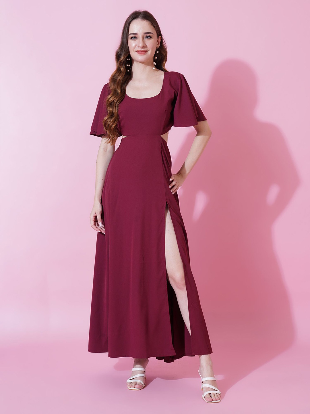 

YANAMORA Flutter Sleeve Crepe Fit & Flare Midi Dress, Maroon