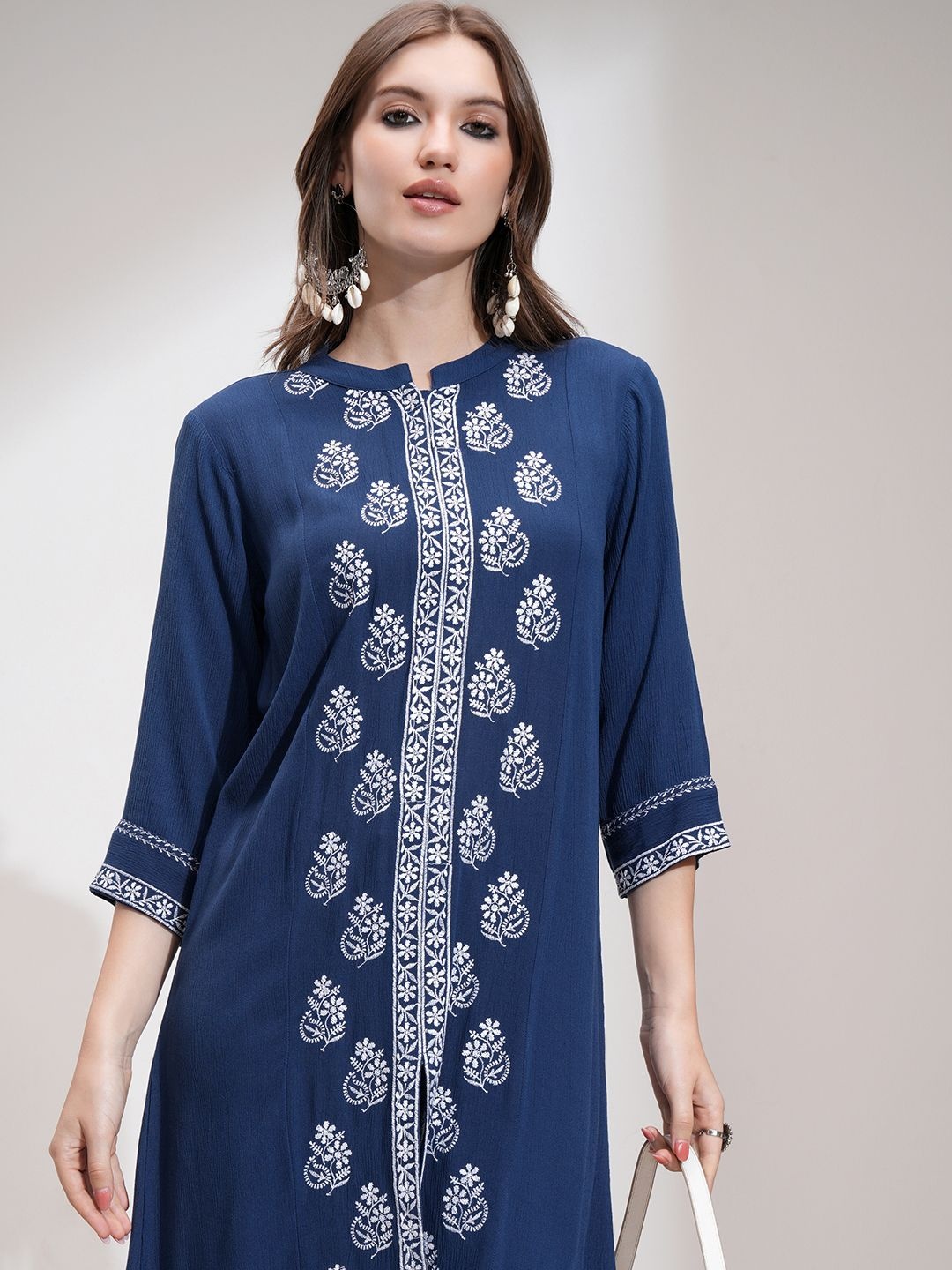 

Vishudh Women Mandarin Collar Embroidered Tunic, Navy blue