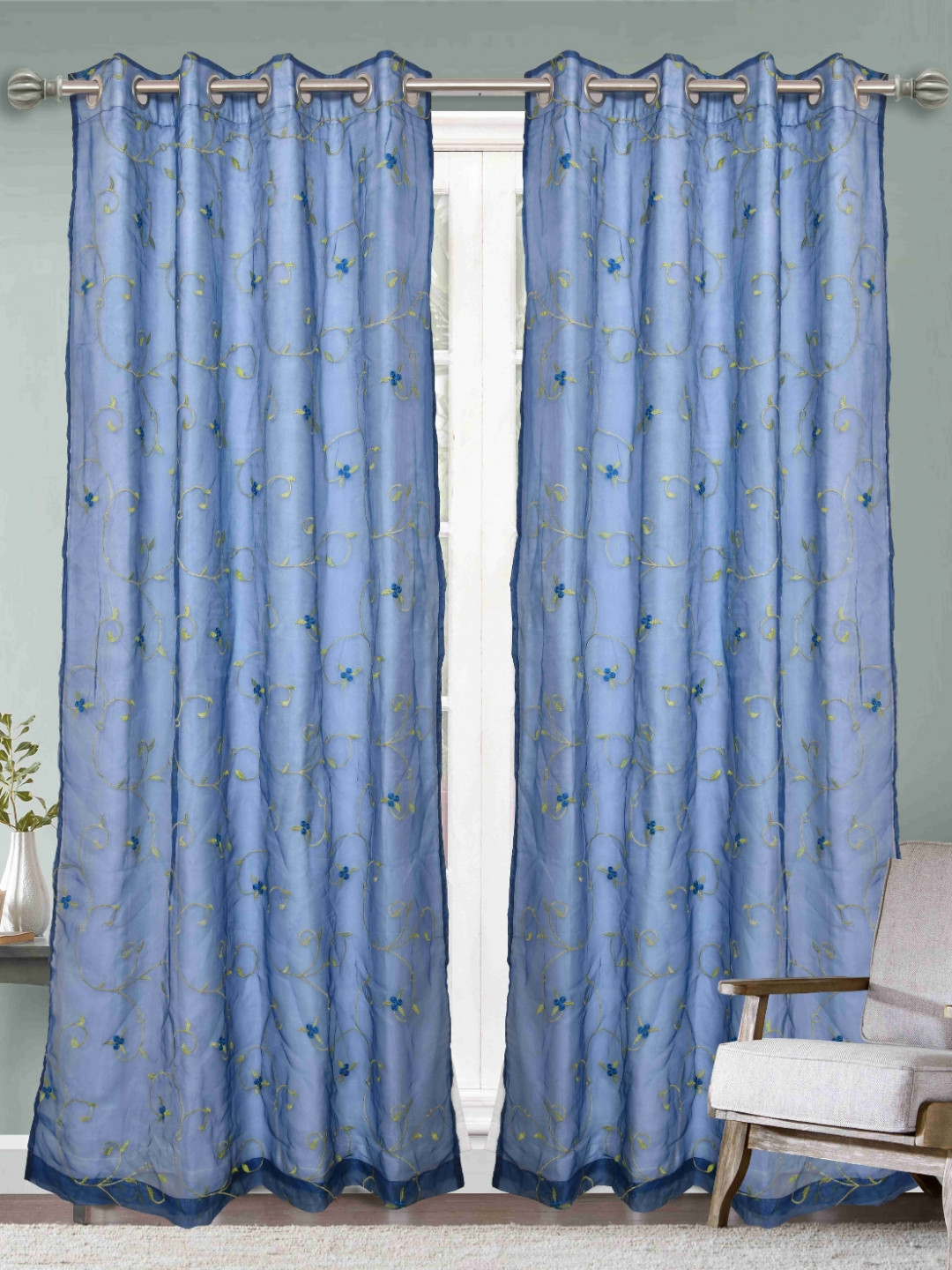 

Aura Blue And Gold-Toned 2 Pieces Embroidered Long Door Rod Pocket Velvet Curtains