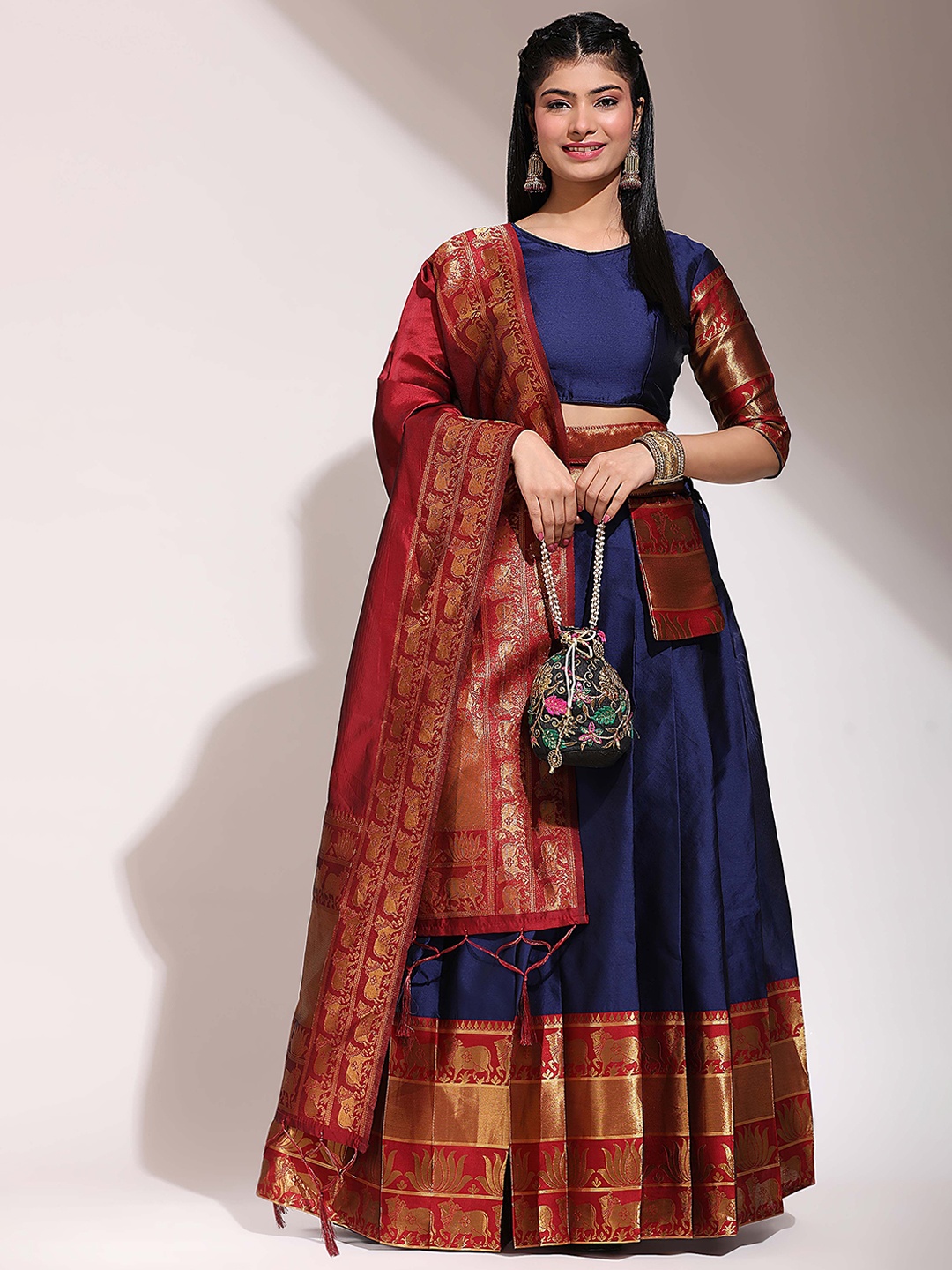 

DIVASTRI Floral Woven Design Semi-Stitched Lehenga & Unstitched Blouse With Dupatta, Navy blue