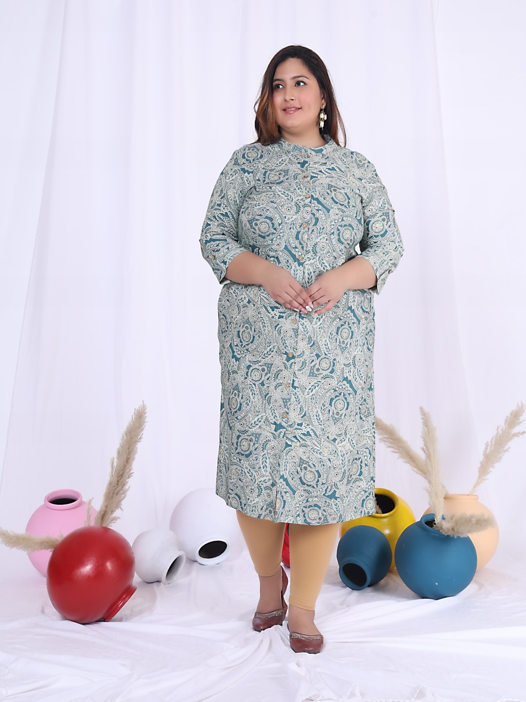 

ASANSHI Plus Size Floral Printed Mandarin Collar Straight Kurta, Blue