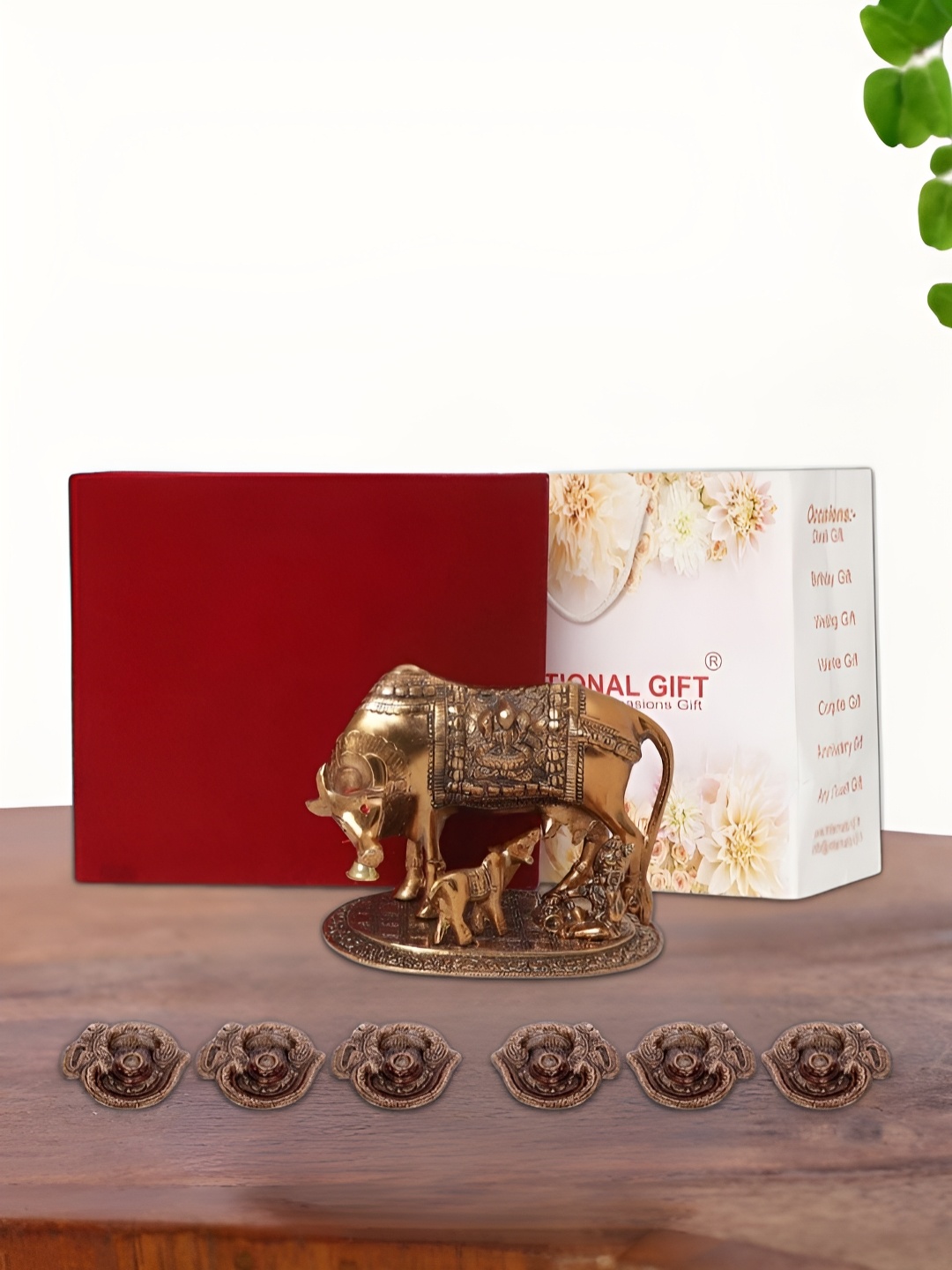 

INTERNATIONAL GIFT Brown Kamdhenu Cow with 6 Diya Box and Bag, Copper