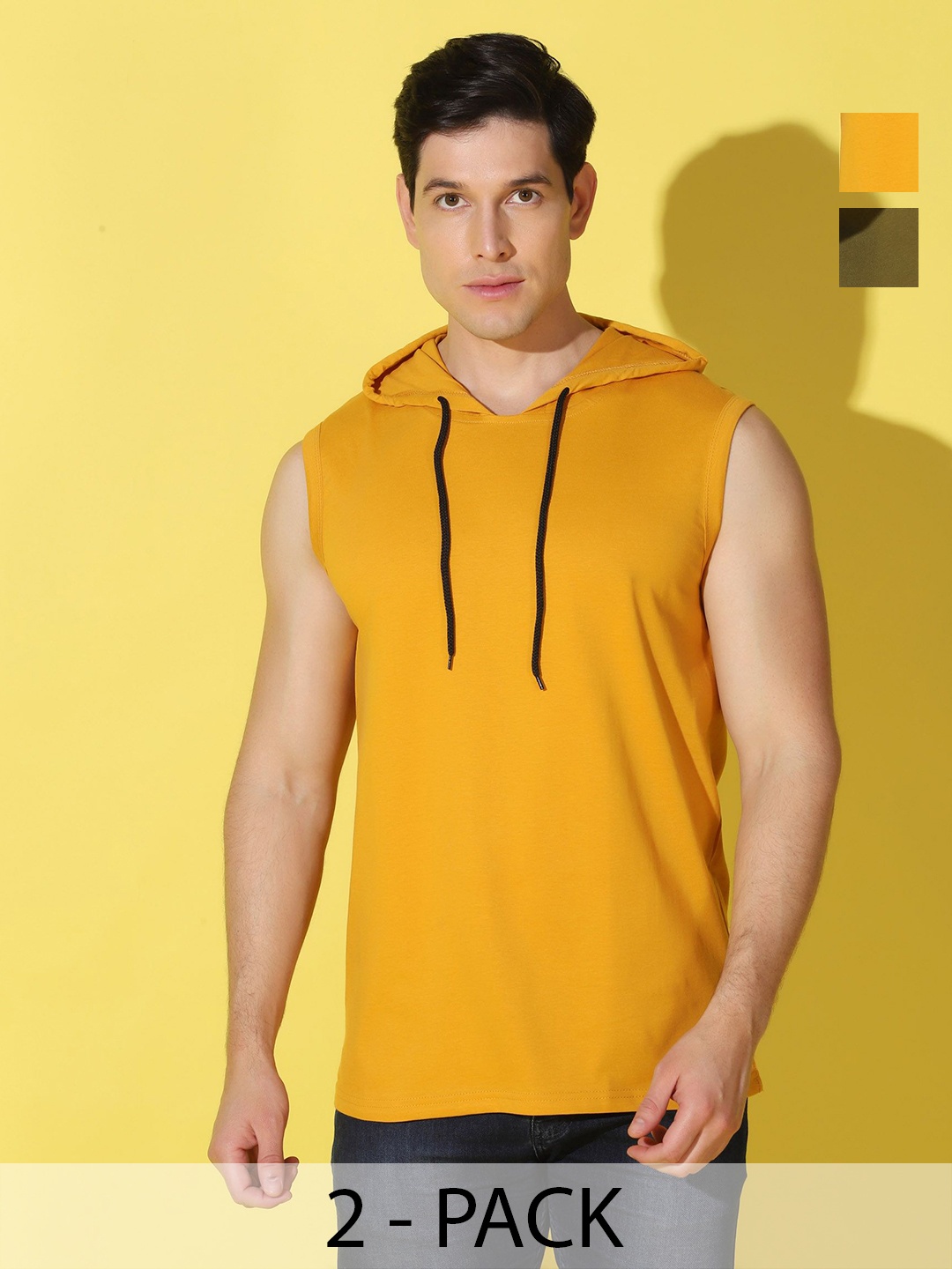 

WOOSTRO Men Pack Of 2 Solid Hooded Cotton T-shirts, Mustard