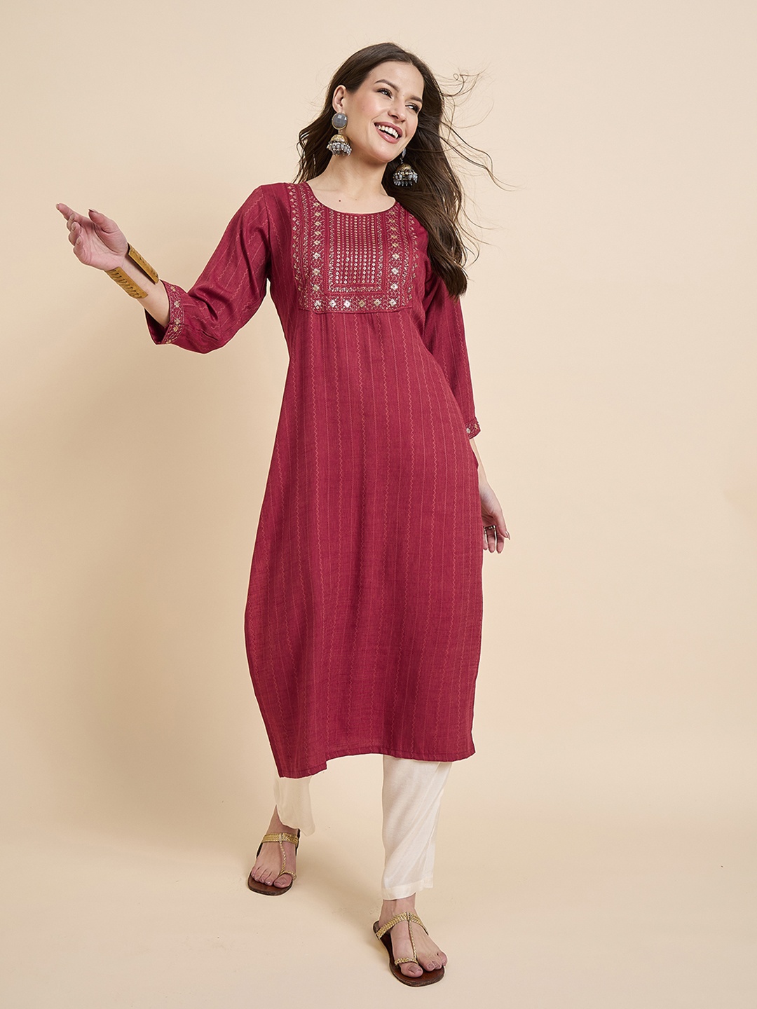 

Anouk Rustic Maroon Floral Embroidered Sequinned Work Round Neck Straight Kurta