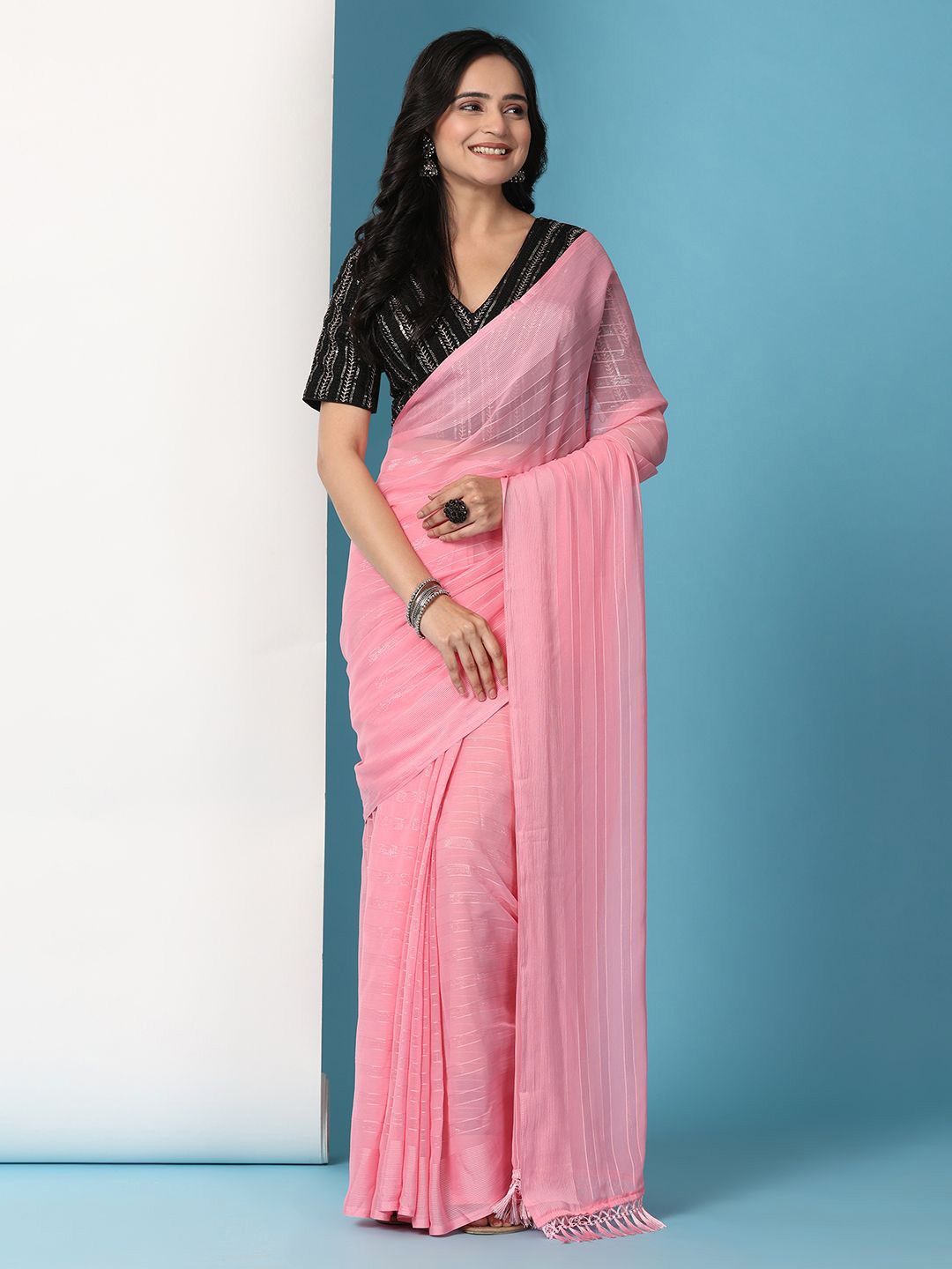 

Pionex Striped Saree with Stitched Blouse, Pink
