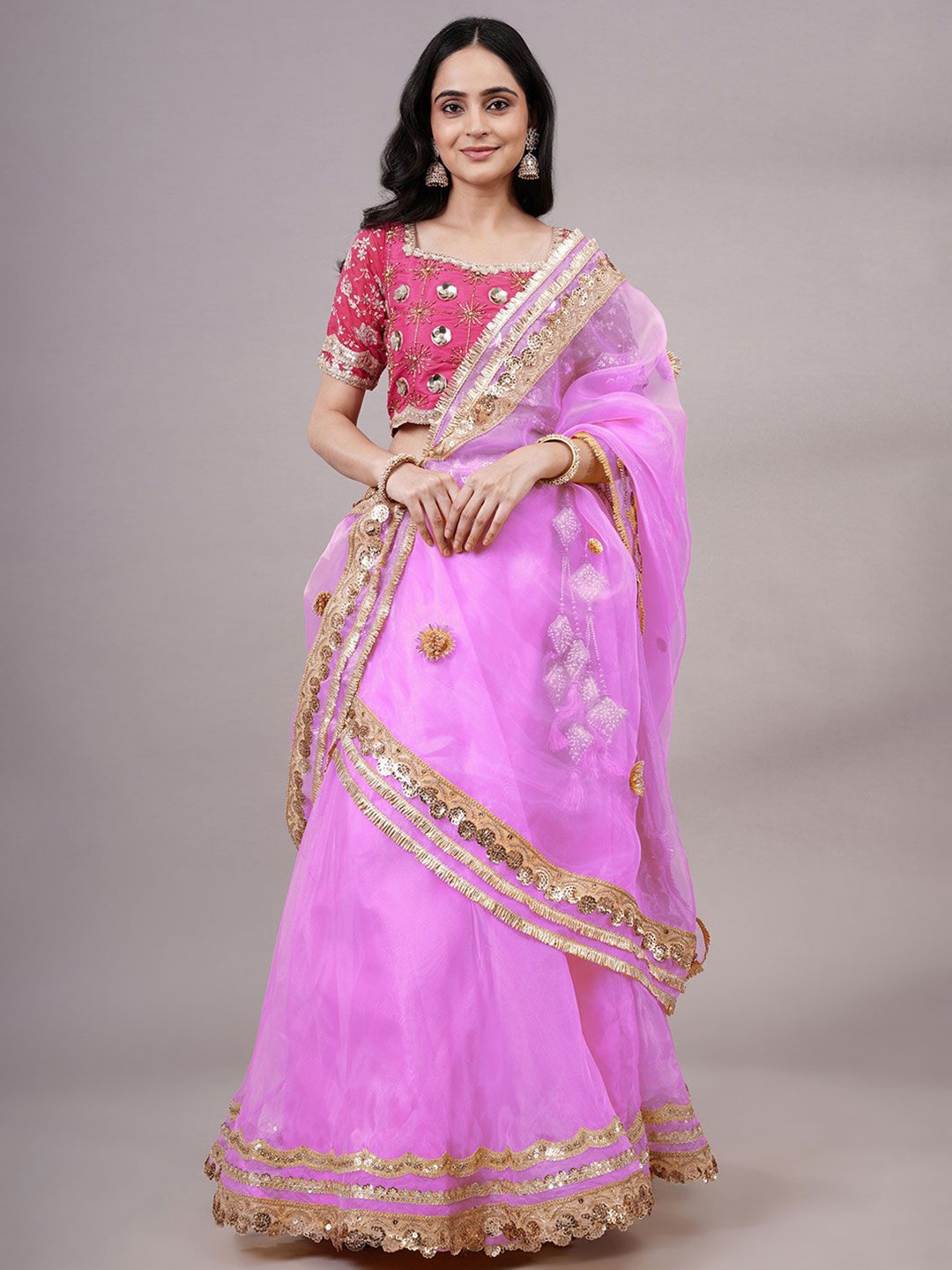 

Utsav Fashion Embroidered Beads & Stone Ready to Wear Organza Lehenga & Choli With Dupatta, Pink