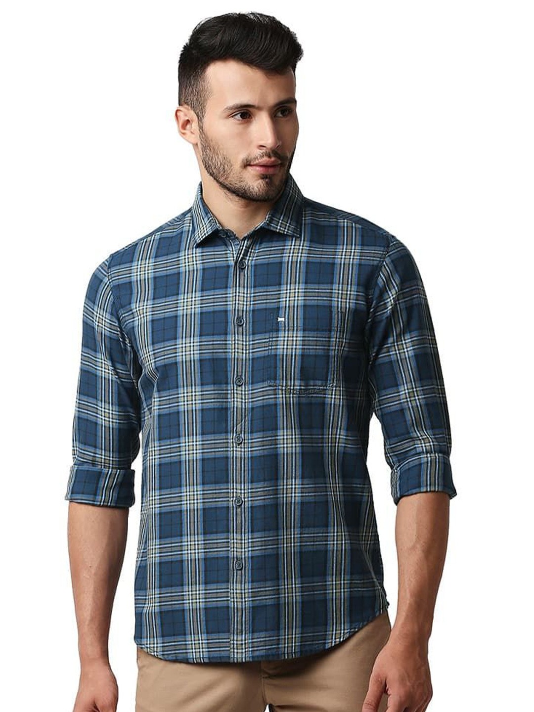 

Basics Men Relaxed Fit Spread Collar Tartan Checked Cotton Casual Shirt, Blue