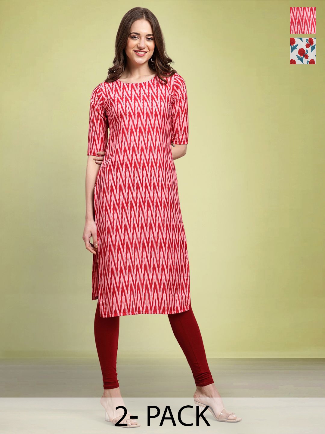 

Moda Rapido Set of 2 Printed Round Neck Straight Kurtas, Red