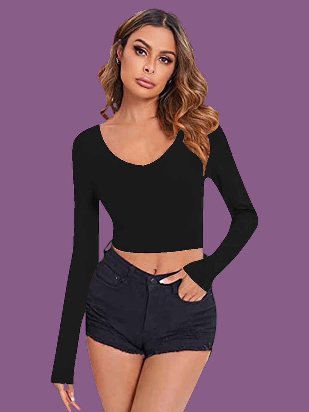 

Dream Beauty Fashion Women Round Neck Long sleeves Fitted Top, Black