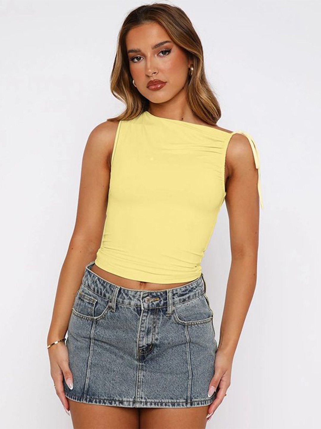 

MIAKEE Women Vermilion Boat Neck Fitted Crop Top, Yellow
