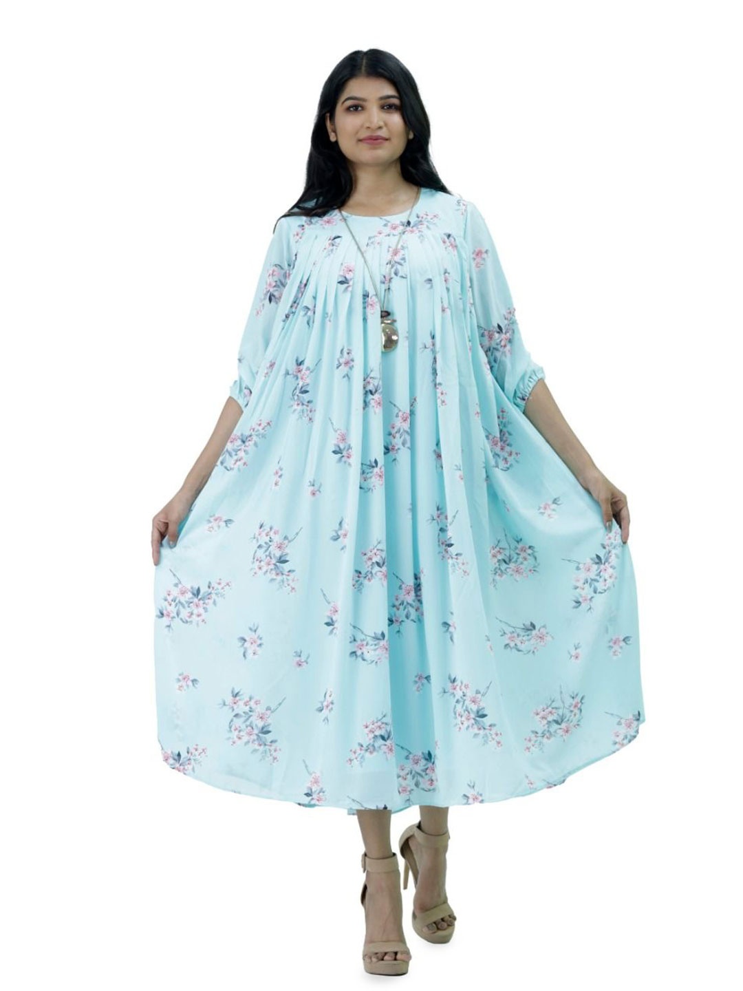 

Silselah Women Floral Printed Pleated A-Line Dress, Turquoise blue