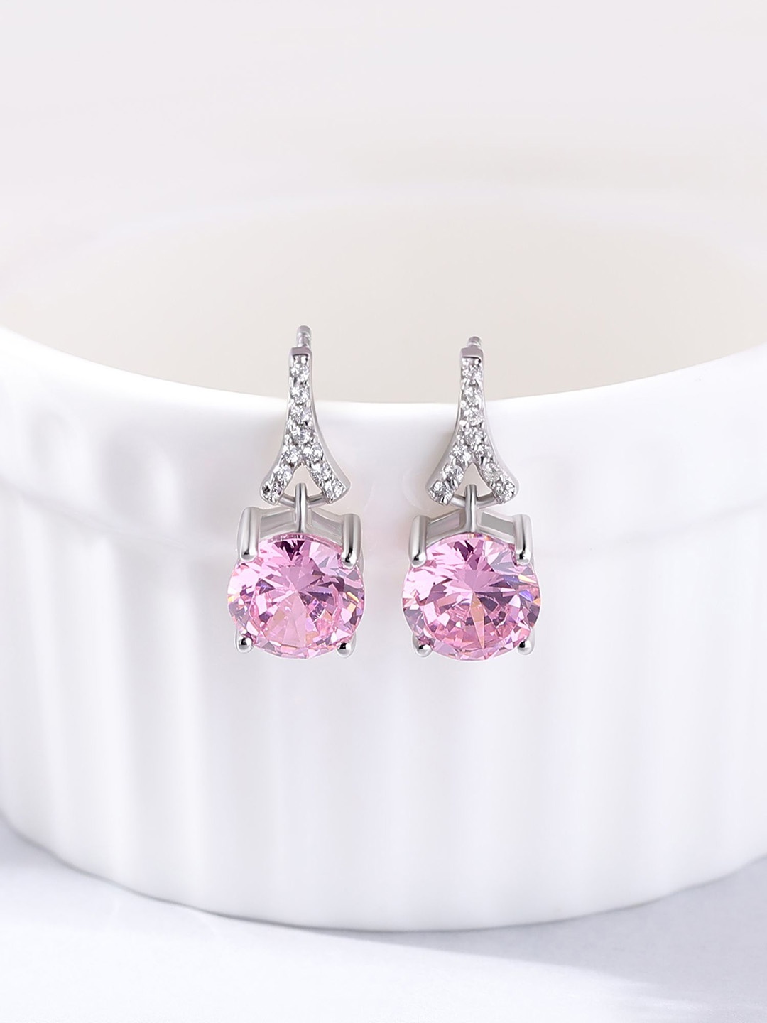 

Ornate Jewels 925 Silver Rhodium-Plated American Diamond Studded Teardrop Shaped Studs, Pink