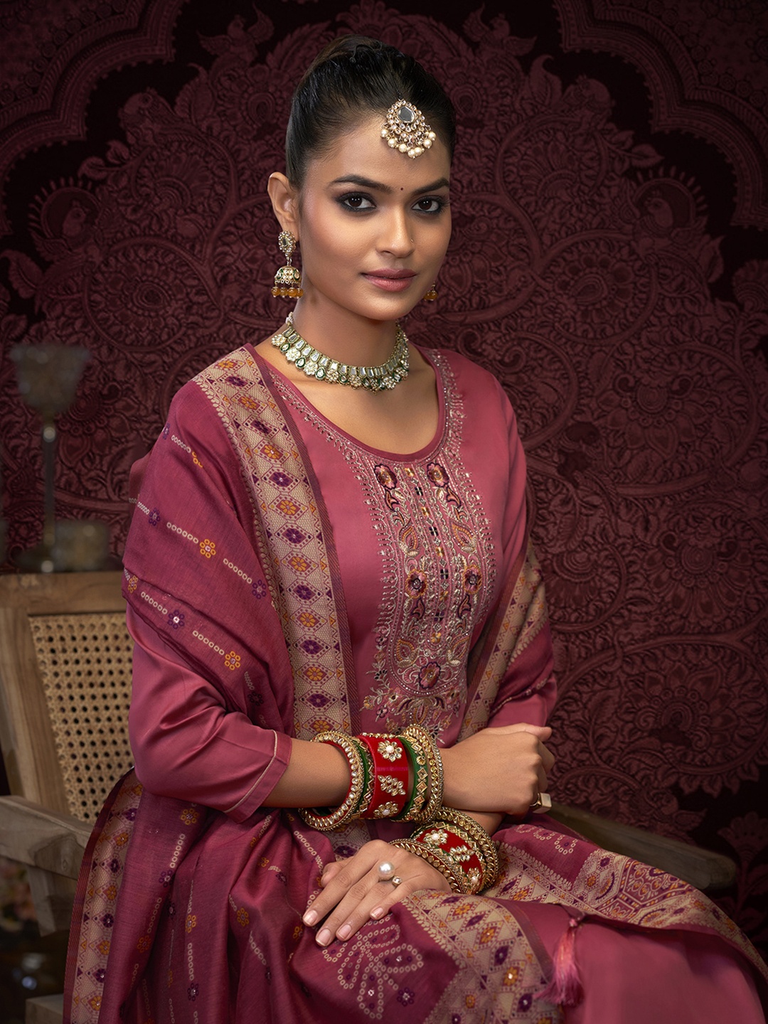 

Anouk Pink Ethnic Motifs Embroidered Thread Work Unstitched Dress Material